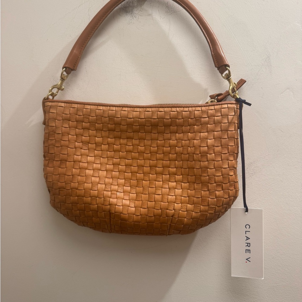 Clare V Petit Moyen Natural Woven Checkered Shoulder Bag